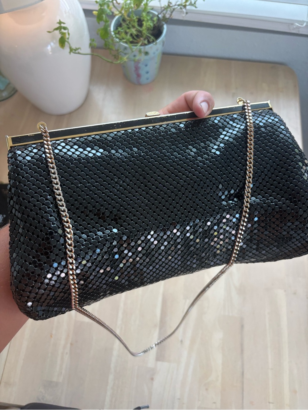 Black Sequined Evening Clutch with Chain Strap